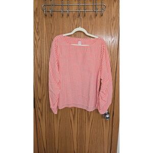 Gap Women Orange Gingham Ruched Sleeve‎ Blouse XL Cotton Boat Neck Top